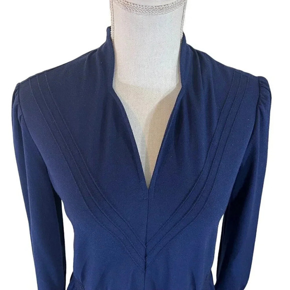 Cora's Closet Navy Blue Vintage Dress Cottagecore Unique Stitched Neckline Knit - Picture 4 of 7